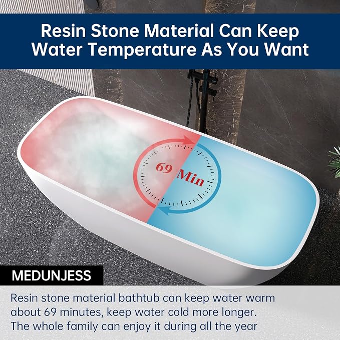 59'' Freestanding Bathtub Resin Stone Deep Soaking Tubs Solid Surface Matte Tub - Image 7
