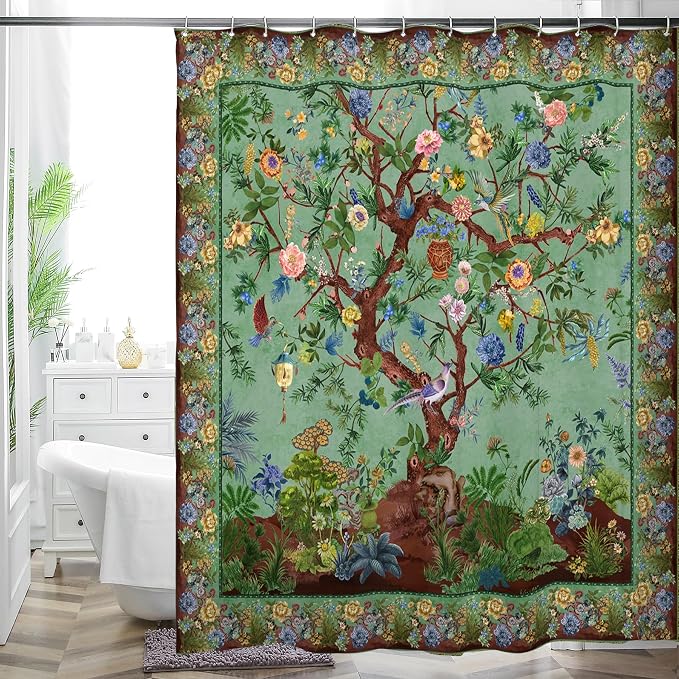Bohemian Shower Curtain, Boho Floral Print Water Repellent Polyester Fabric by WCWahChunshowercurtains