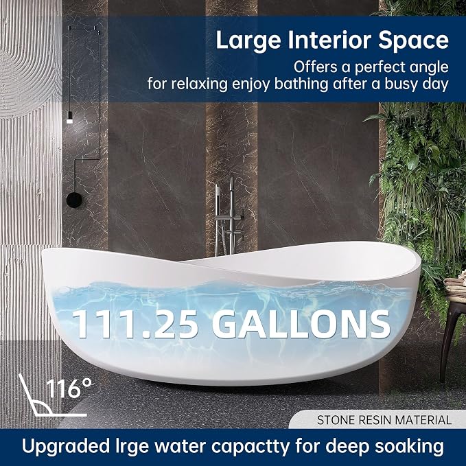Stone Resin Freestanding Bathtub 71", Elegant Oval Shape Soaking Tub, Solid - Image 9