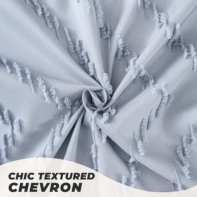 Light Blue Boho Fabric Shower Curtain Tufted Chevron Striped Textured Cloth - Image 2