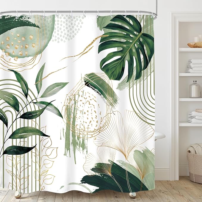 Sage Green Boho Shower Curtain Mid Century Modern Abstract Tropical Palm Leaves - Image 2