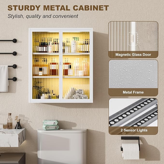 Bathroom Wall Cabinet with Glass Doors, Metal Medicine Cabinet with LED Light - Image 5