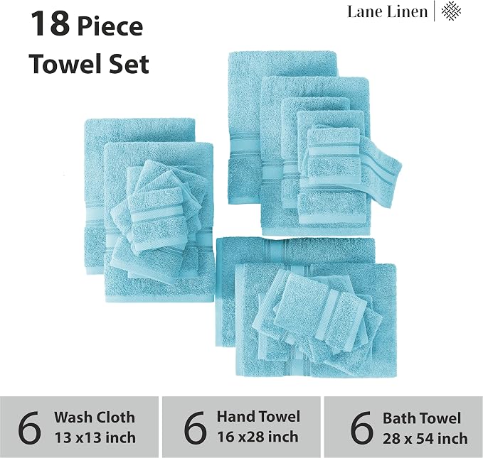 LANE LINEN Luxury 18-Piece Solid Cotton Bathroom Towel Set - Image 3