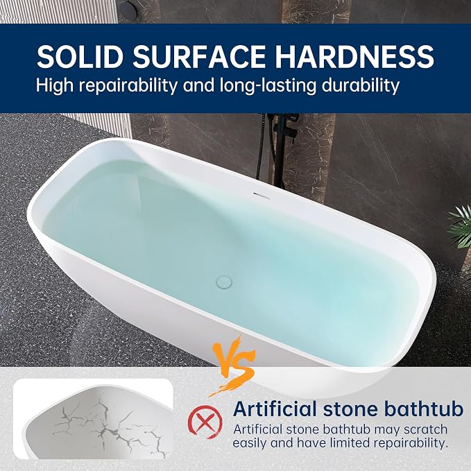 59'' Freestanding Bathtub Resin Stone Deep Soaking Tubs Solid Surface Matte Tub - Image 5
