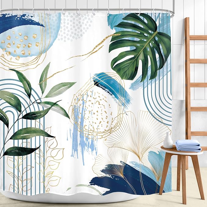 Blue Boho Shower Curtain 72Wx72H Modern Mid Century Abstract Blue Gold Tropical - Image 2