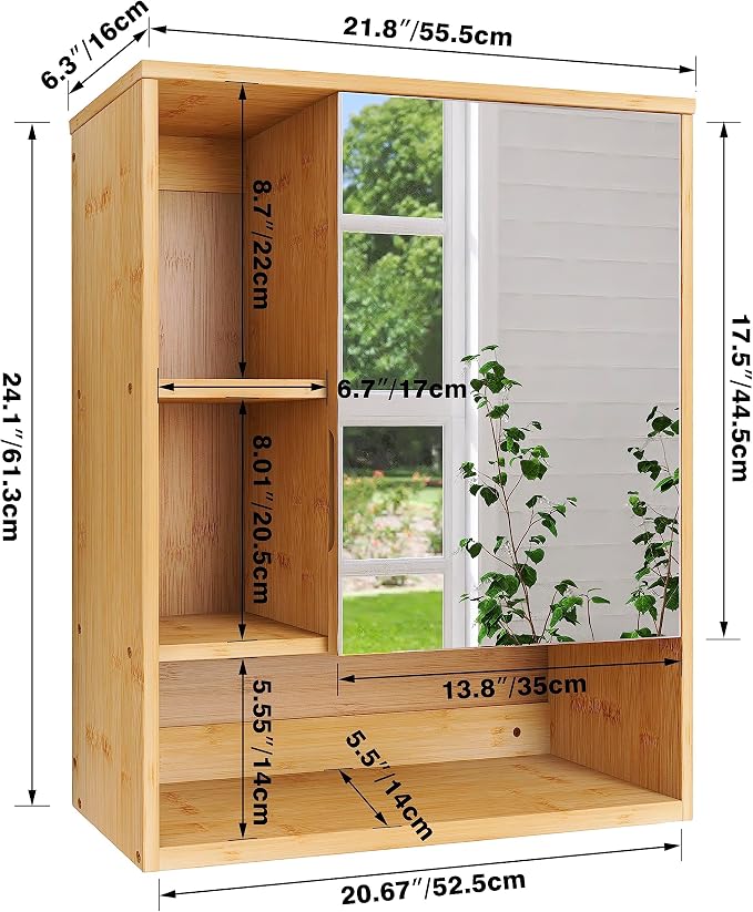 SMIBUY Bathroom Mirror Cabinet Wall Mounted, Bamboo Space Saver Medicine Cabinet - Image 3