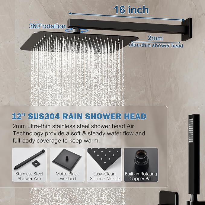 Shower System, Wall Mounted High-Pressure Showerhead Combo Set Included Valve - Image 3