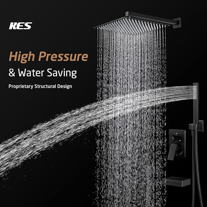 KES Black Shower Faucet Set Complete, 12 Inch Rainfall Shower Head - Image 2
