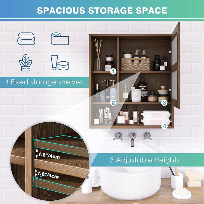 SMIBUY Bathroom Mirror Cabinet Wall Mounted, Bamboo Space Saver Medicine Cabinet - Image 6