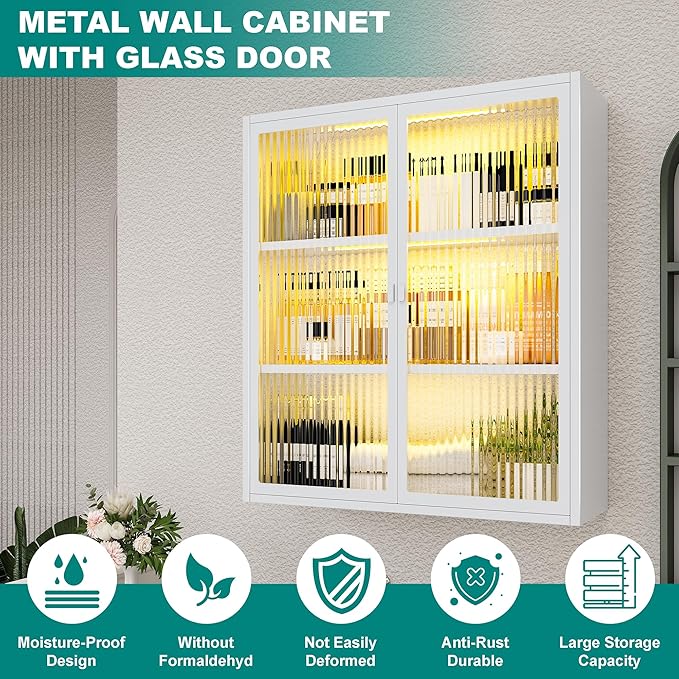 Bathroom Medicine Cabinet with Glass Doors & Sensor LED Lights, Over Toilet - Image 5