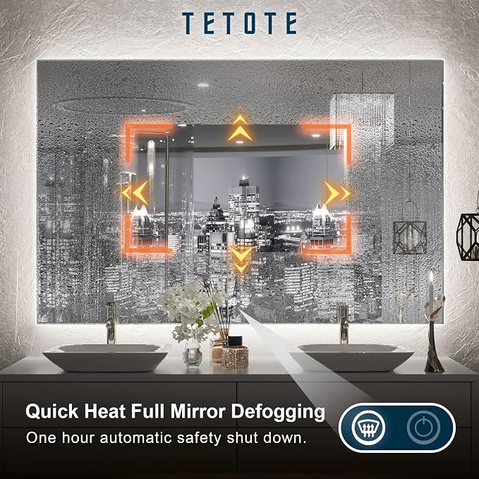 TETOTE 48 x 30 Inch LED Mirror Backlit Bathroom, Anti-Fog Mirror - Image 3