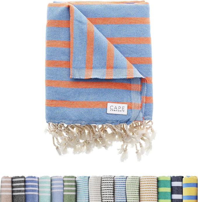 Large Turkish Beach Towel, Striped Denim Blue & Orange by CapeComforts