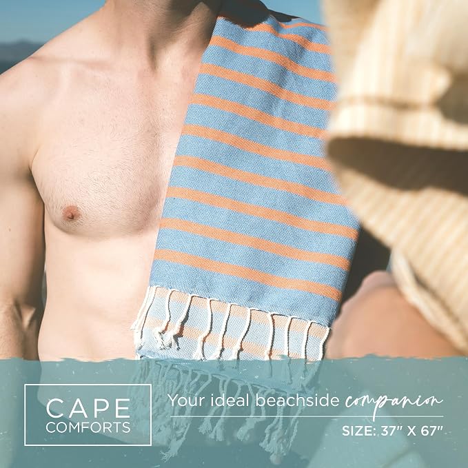 Large Turkish Beach Towel, Striped Denim Blue & Orange - Image 2