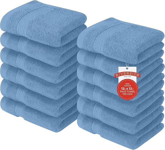 RIVERSIDE 12 Pack Premium 100% Cotton Face Washcloths, 550 GSM, 12 x 12 Inches by RIVERSIDE