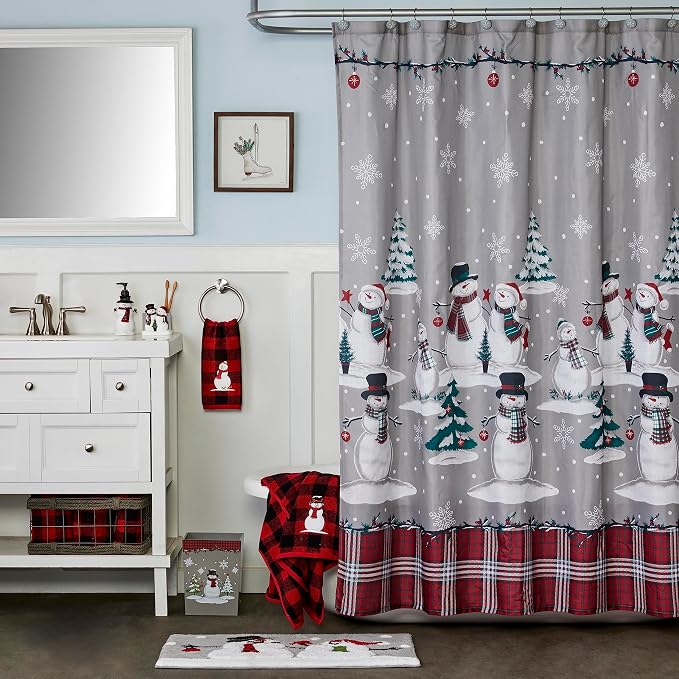 SKL Home Christmas/Winter Plaid Snowman Shower Curtain & 12pc Hook Set - Image 6