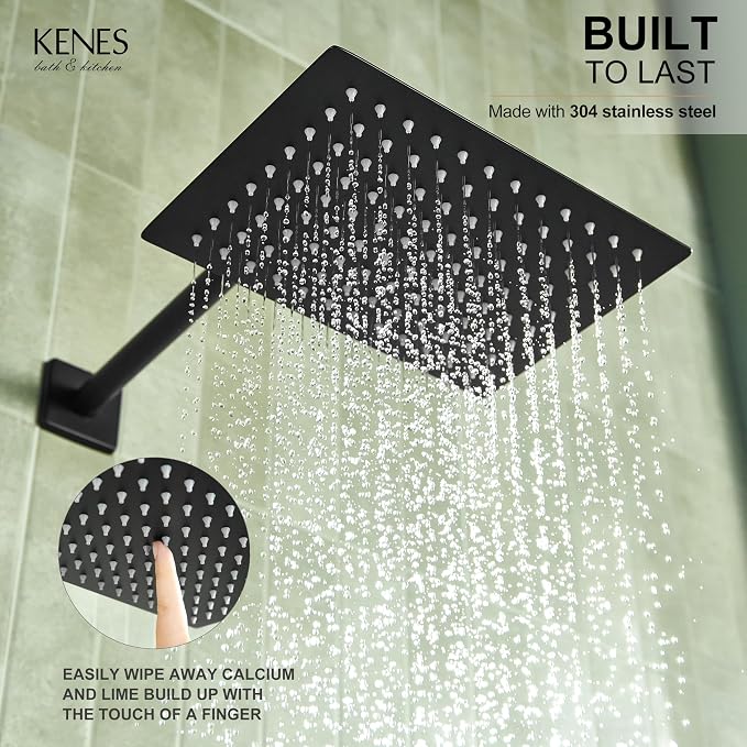 KENES Matte Black Rainfall Bathroom Shower System Rain Shower Head and Handle - Image 3