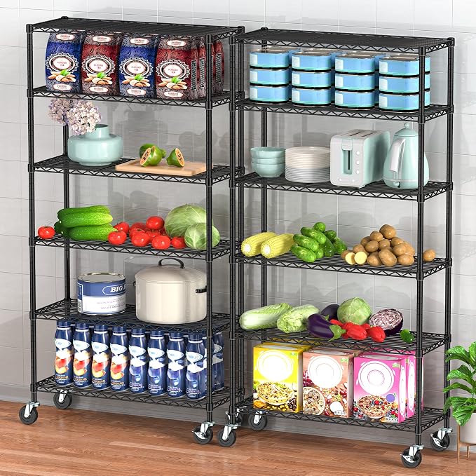 6 Tier Storage Shelves with Wheels Heavy Duty Wire Rolling Shelving Rack - Image 2