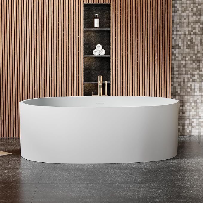 Abruzzo 65" Matte White Freestanding Solid Surface Bathtub, Stone Resin - Image 5