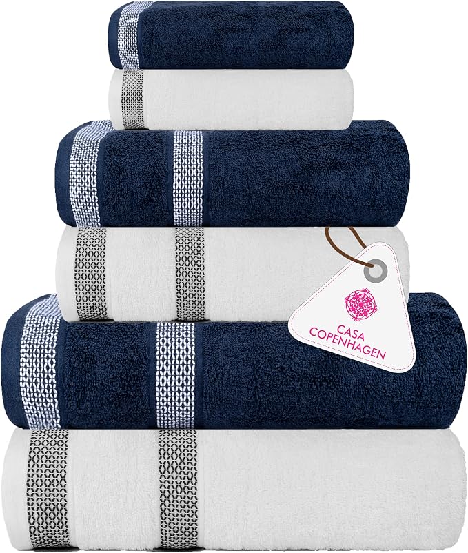 CASA COPENHAGEN Solitaire Mix 6 Pieces Towel Set- Navy + White, 600 GSM 2Bath by CASACOPENHAGEN