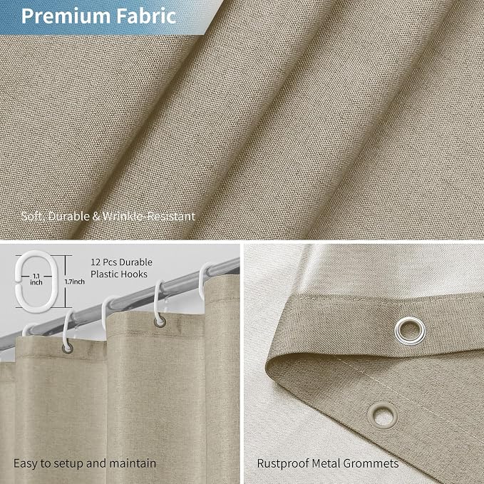 2-in-1 Waterproof Extra Long Fabric Shower Curtain or Liner, Linen Textured - Image 6
