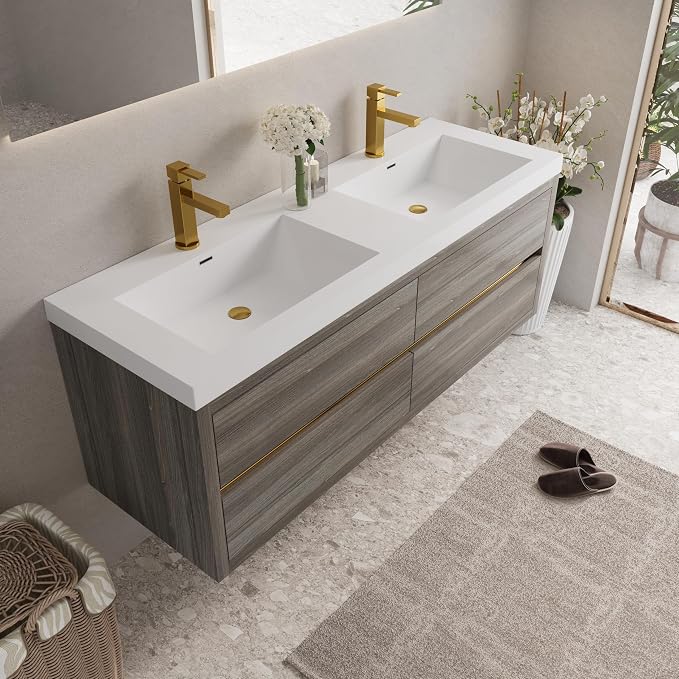 60" Wall-Mounted Bathroom Vanity, Double Sink Floating Cabinet - Image 7