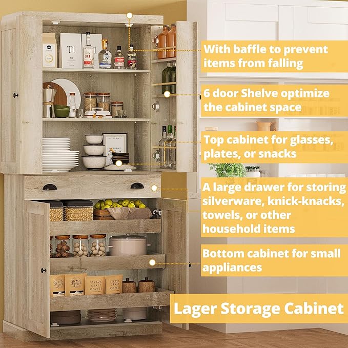 IRONCK Kitchen Pantry Cabinet 72" Height, Freestanding Cupboard - Image 4