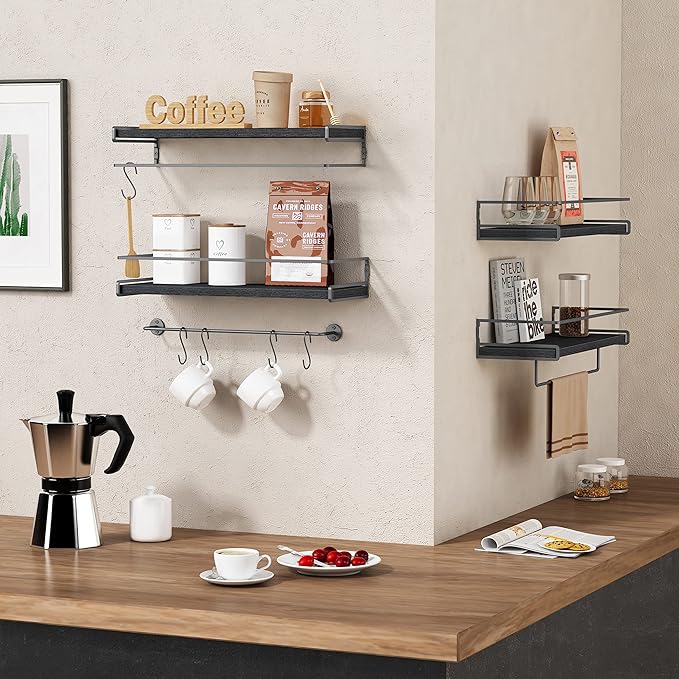 Forbena Black Floating Shelves for Bathroom Wall Set of 2, Kitchen Spice Rack - Image 2