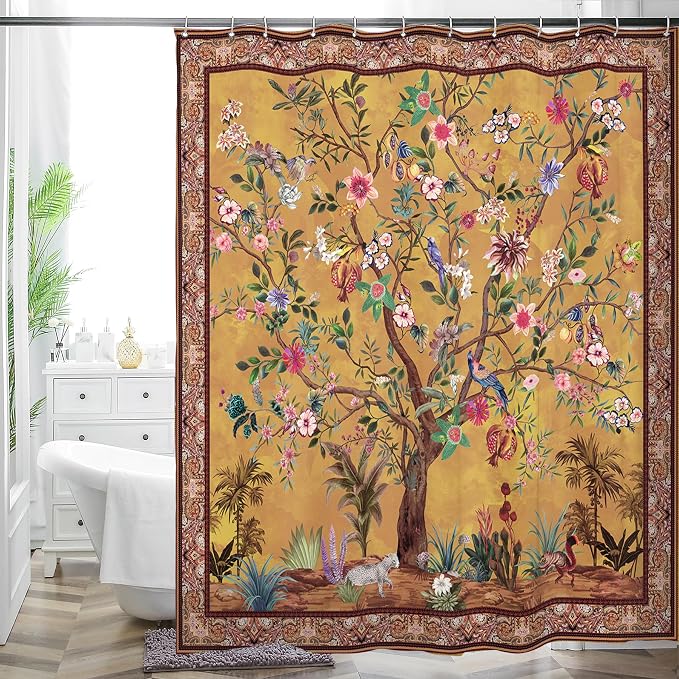 Bohemian Shower Curtain, Boho Floral Print Water Repellent Polyester Fabric by WCWahChunshowercurtains