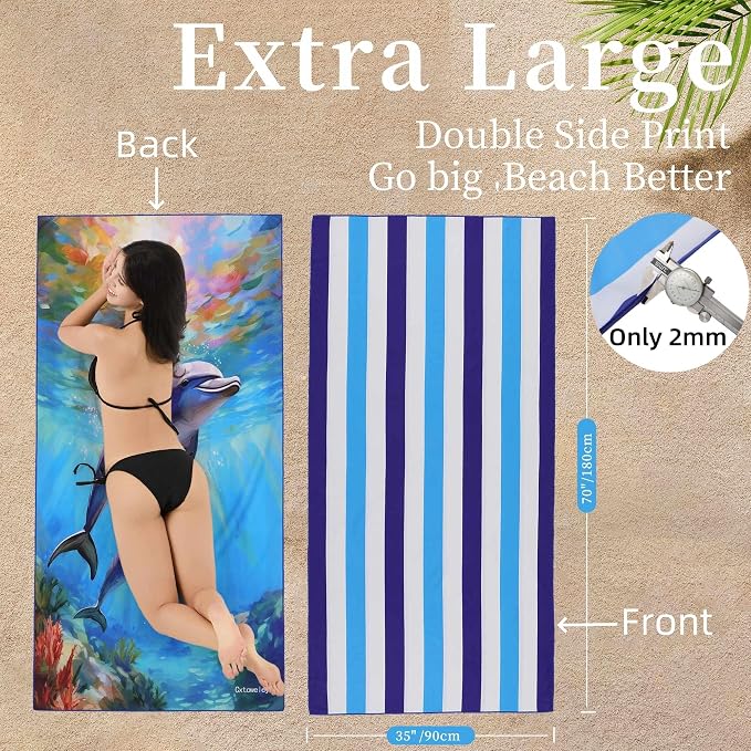 Microfiber Extra Large, Oversized Blue White Striped Beach Towels, - Image 2