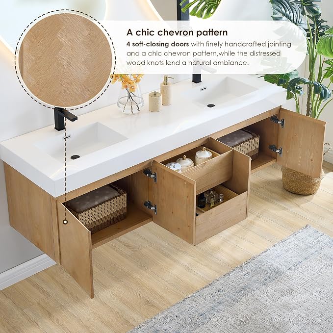 72 Inch Floating Sink Bathroom Vanity Wall Mount Double Vanities Overflow - Image 4