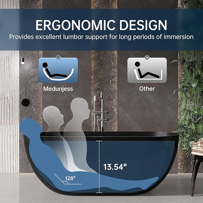 59'' Resin Stone Freestanding Bathtub, Matte Black Soaking Tub Solid Surface - Image 2
