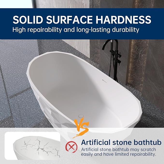 64'' Stone Resin Solid Surface Freestanding Bathtub, Modern Elegant Design - Image 9