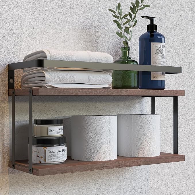 RICHER HOUSE Dual-Level Guardrail Bathroom Shelves, Wood Floating Shelf Wall by RicherHouse
