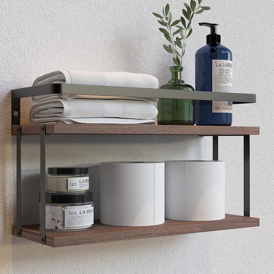RICHER HOUSE Dual-Level Guardrail Bathroom Shelves, Wood Floating Shelf Wall by RicherHouse