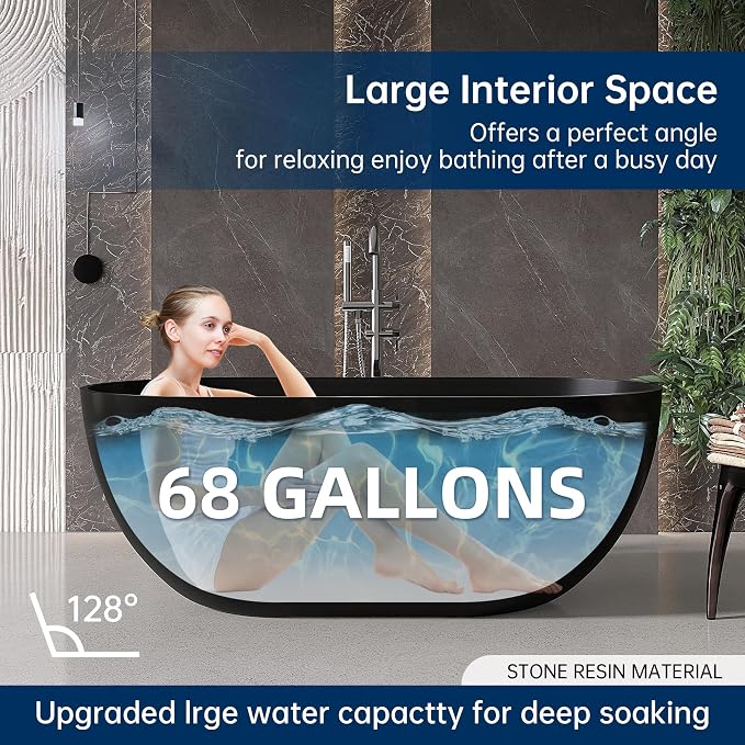 59'' Resin Stone Freestanding Bathtub, Matte Black Soaking Tub Solid Surface - Image 5