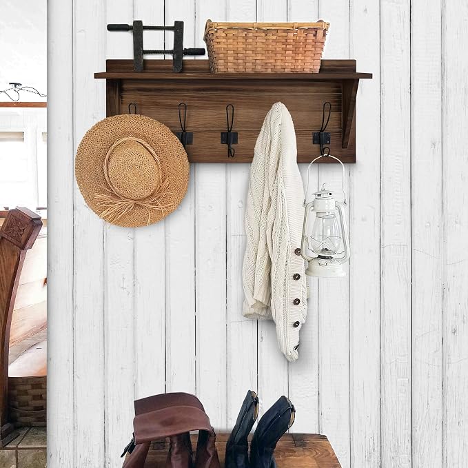 HBCY Creations Rustic Brown Solid Wood Wall Mounted Coat Rack - Image 4