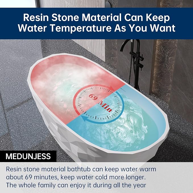 64'' Stone Resin Solid Surface Freestanding Bathtub, Modern Elegant Design - Image 5