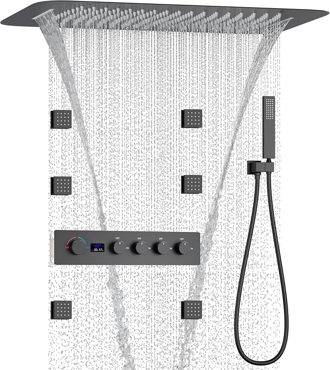 Matte Black 16X24 inch Ceiling Mounted Rain Shower Head System, Digital Display by KATAIS