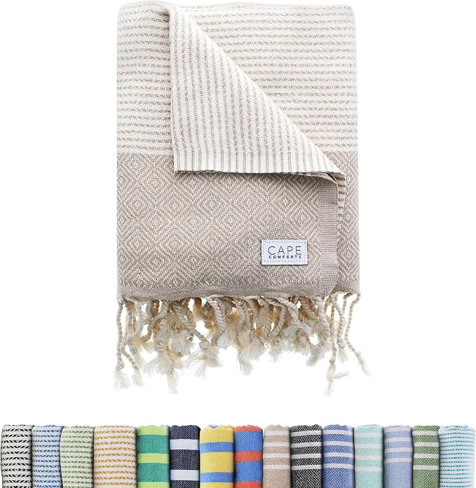 Large Turkish Beach Towel, Diamond Dobby Beige by CapeComforts