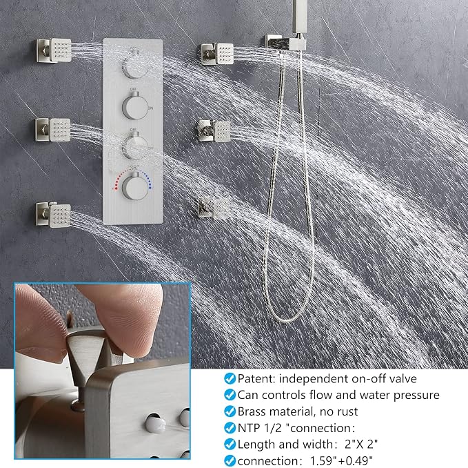 16X32 Inch Ceiling Mount Large Rainfall Shower System Thermostatic Multi Jet - Image 7