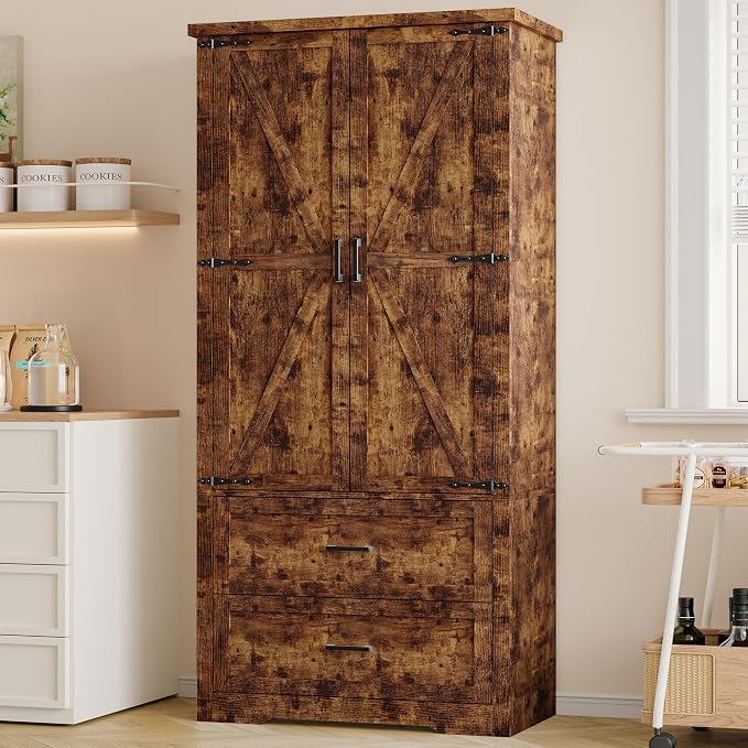Pantry Organizers and Storage Cabinet, 71” Barn Door White Kitchen Cabinet by BORNOON