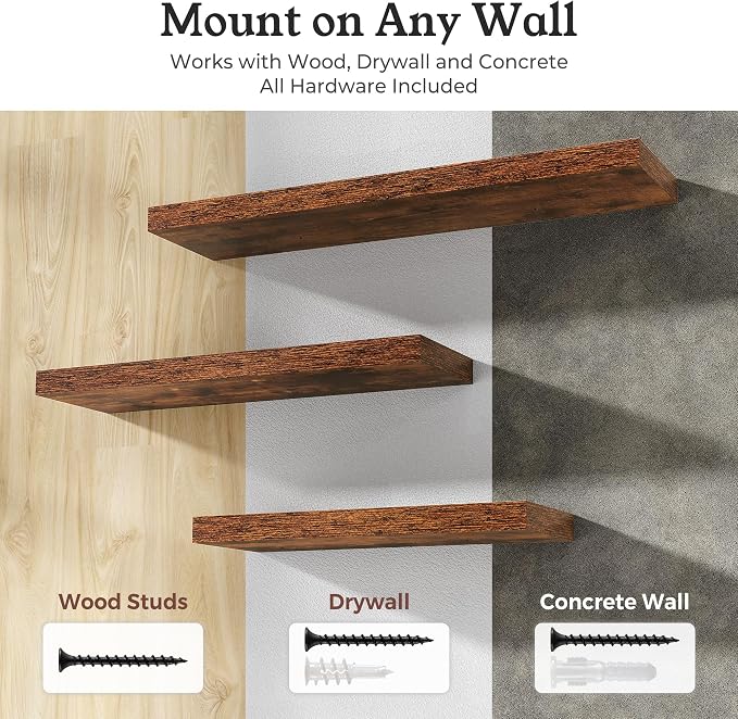Floating Shelves for Wall, 9.3" Deep Wall Mounted Rustic Wood Shelves for - Image 6