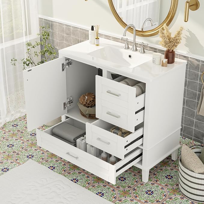 36" Bathroom Vanity with Solid Pine Frame, 1 Soft Close Door and 3 Drawers by THINK30