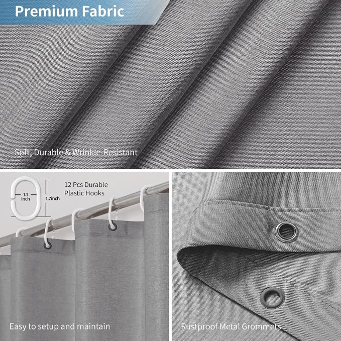 2-in-1 Waterproof Long Fabric Shower Curtain or Liner, Linen Textured, 78 Inch - Image 4