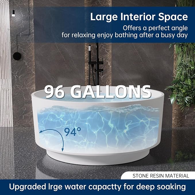 49'' Round Soaking Bathtub Resin Stone Freestanding Bathtub Soaking Deep Tub - Image 8