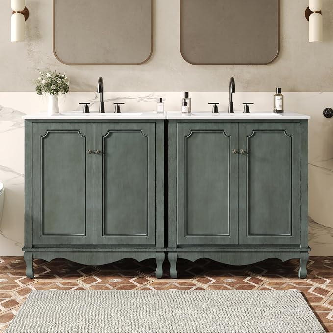 60" Double Sinks Bathroom Vanity Set, Vintage Bathroom Cabinet by Unknown