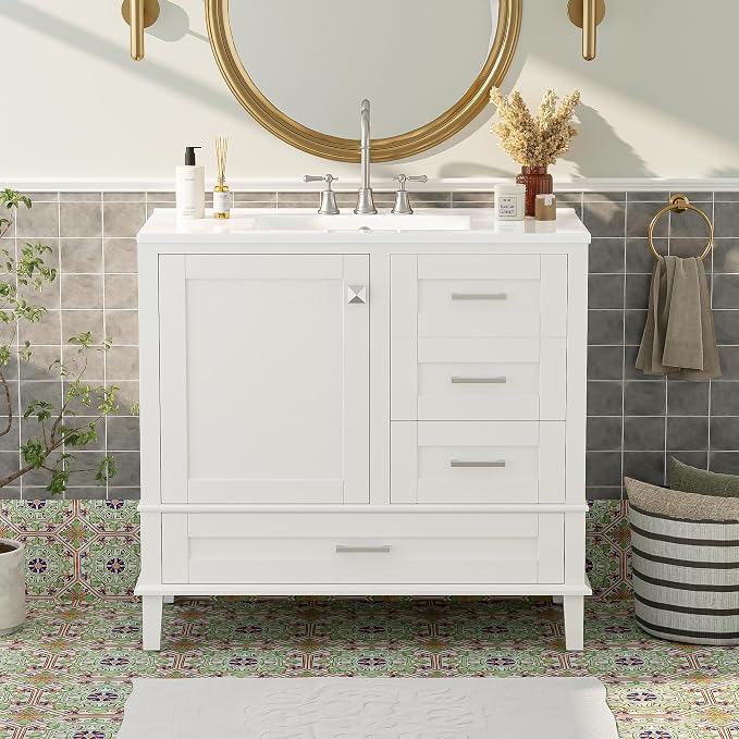 36" Bathroom Vanity with Solid Pine Frame, 1 Soft Close Door and 3 Drawers - Image 3
