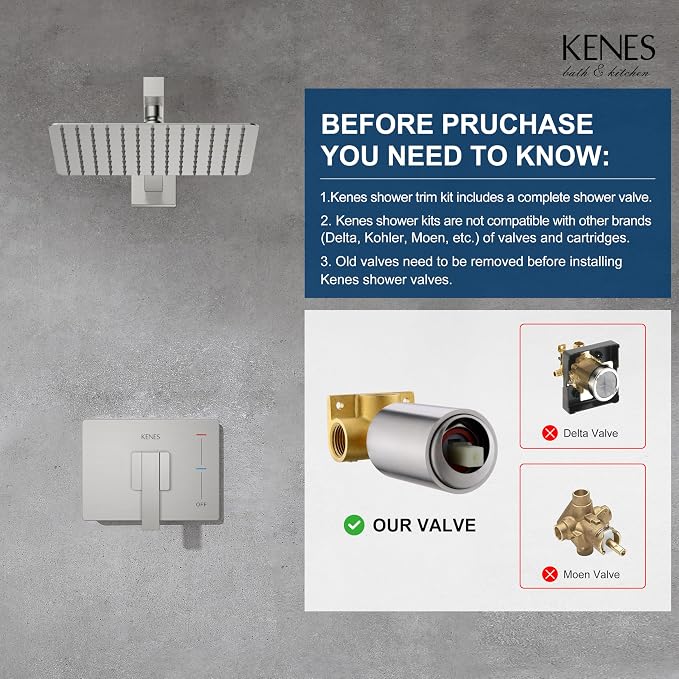 KENES Brushed Nickel 10-Inch Shower Head and Handle Set, Square Shower Faucet - Image 3