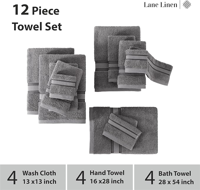 LANE LINEN Towel Set of 12 – 100% Mercerized Cotton, Zero Twist, 4 Large Bath - Image 3