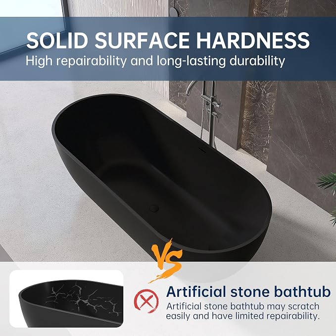 69" Stone Resin Freestanding Bathtub, Oval Solid Surface Bathroom Freestanding - Image 7